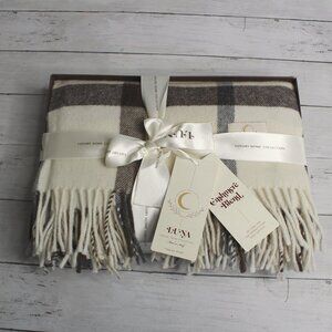Luna Cashmere Wool Plaid Throw Blanket Made in Italy Cream Brown Beige Gray